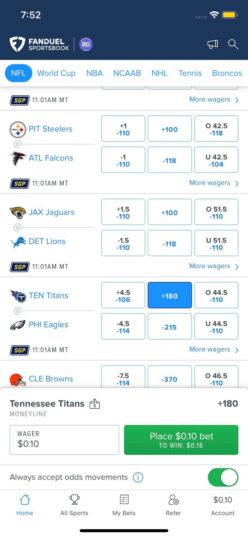 , I have $0.10 left lol how do we feel about titans to beat Philly? This payout would give me 3 bets to continue my comeback : gambling &#8211; uBetMobile.com