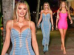 Chloe Sims places on a busty show in a lace-up denim bodycon for evening out in Miami Seashore