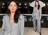 Mannequin Jessica Gomes flaunts her cleavage in a pantsuit in Beverly Hills