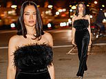 Shanina Shaik struts down avenue in strapless black feathered top 4 months after welcoming baby